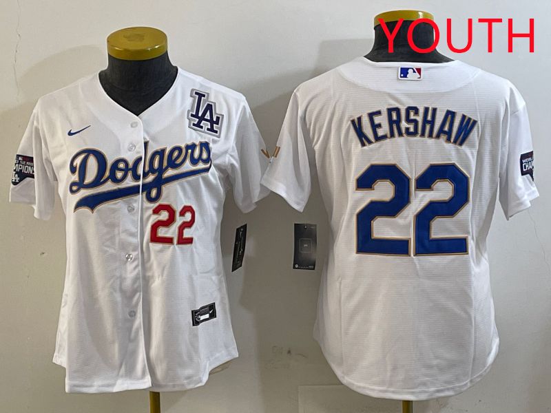 Youth Los Angeles Dodgers #22 Kershaw White Gold Game 2025 Nike MLB Jersey style 5->youth mlb jersey->Youth Jersey